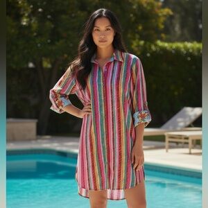 CRUZ NATORI PINK MINI SHIRT DRESS/ TUNIC MULTICOLORED STRIPED BUTTON DOWN SZ M